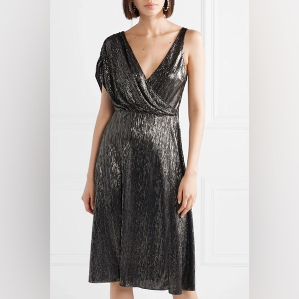 ALICE + OLIVIA Roxy Metallic Drape Front Sleeveless Midi Dress